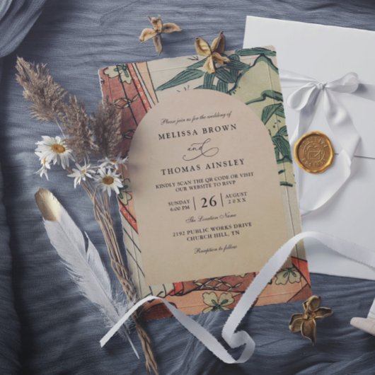 Invitation Antique Japanese Kimono Bamboo QR Code Wedding