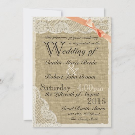 Invitation Antique Lace Coral Bow Mariage campagnard (Devant)