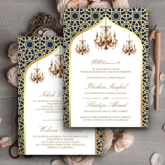 Invitation Antique lustre Marine Bleu Or Mariage musulman