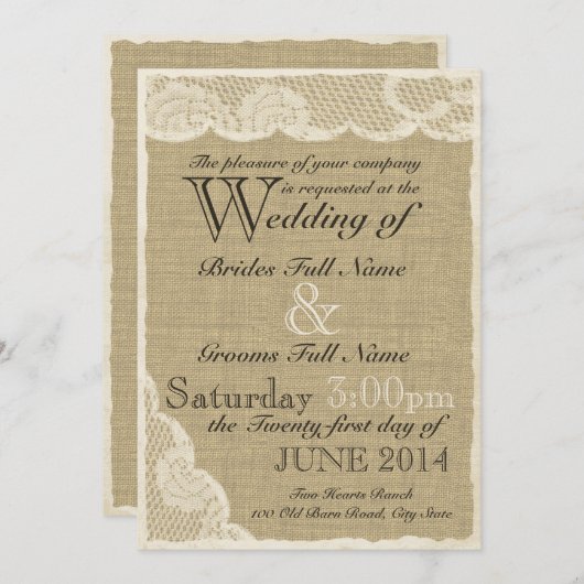 Invitation Antique Mariage campagnard en dentelle blanche (Devant / Derrière)