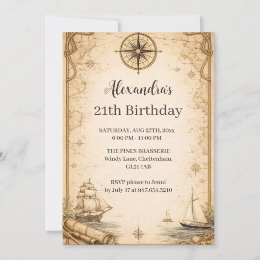Invitation Antique Nautical Map Birthday (Devant)