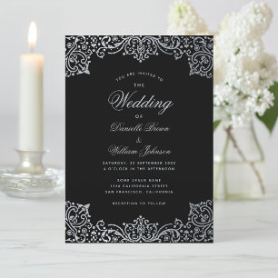 Invitation Antique Noir Faux Argent Elégant Mariage Vintage