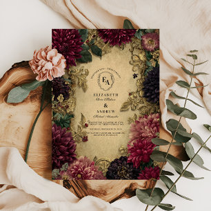 Invitation Antique or Baroque et Bourgogne Dahlia Romance