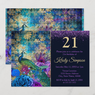 Invitation Antique Peacock & Fleurs Illustré Anniversaire