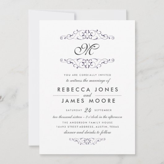Invitation Antique Purple Flourish Monogramme Mariage Invitat (Devant)