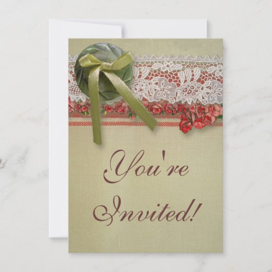 Invitation Antique Rose dentelle Rustique Rouge Victorien Bur (Devant)