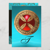 INVITATION ANTIQUE ROUGE RUBY CROIX BLEU BLACK DAMASK MONOGRA (Devant / Derrière)