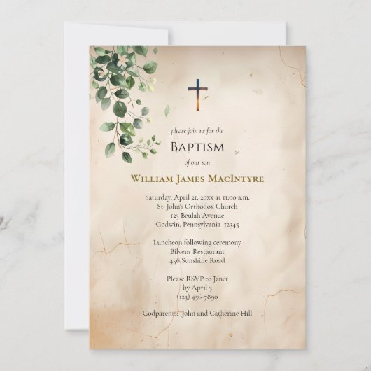 Invitation Antique Style Parchment Greenery Baptism (Devant)