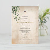 Invitation Antique Style Parchment Greenery Baptism (Debout devant)