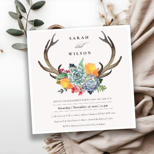 INVITATION ANTLER BOHEMIAN ALLURE FIANÇAILLES FLORAL SUCCULEN