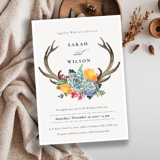 INVITATION ANTLER BOHEMIAN ALLURE MARIAGE FLORAL SUCCULENT