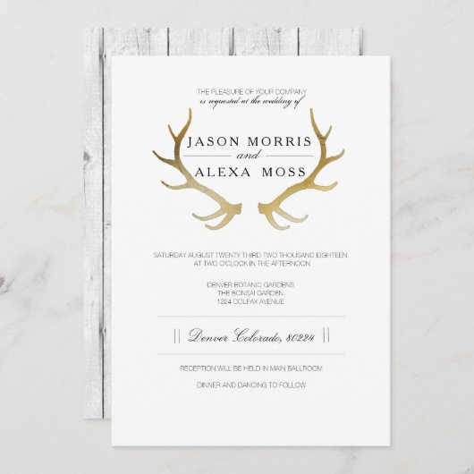 Invitation Antler en or rustique | Mariage élégant (Devant / Derrière)