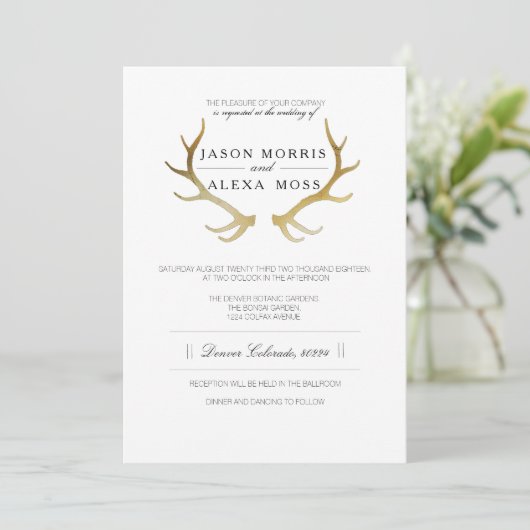 Invitation Antler en or rustique | Mariage élégant (Debout devant)