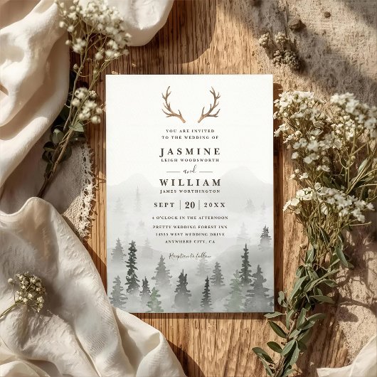 Invitation Antler Forest Mountain Tree Rustic QR Code Wedding