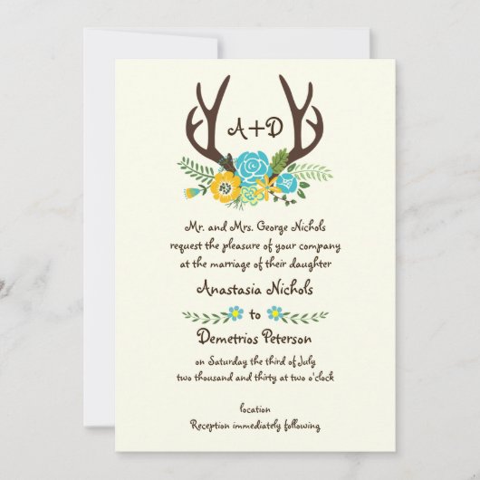 Invitation Antlers et fleurs d'aqua monogramme mariage boisé (Devant)