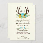 Invitation Antlers et fleurs d'aqua monogramme mariage boisé (Devant / Derrière)