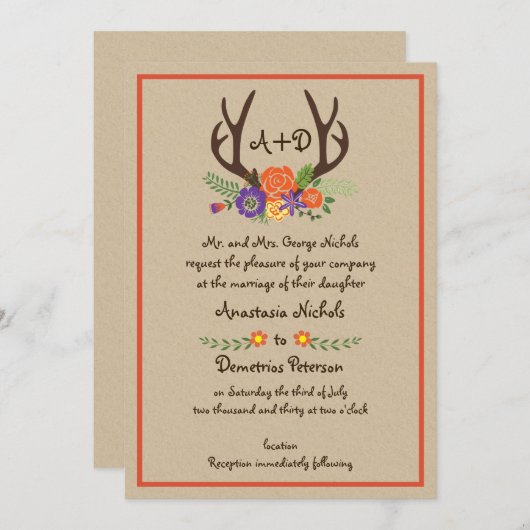 Invitation Antlers et fleurs monogramme kraft papier mariage (Devant / Derrière)