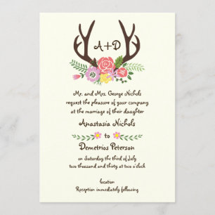 Invitation Antlers et fleurs sauvages monogramme mariage bois