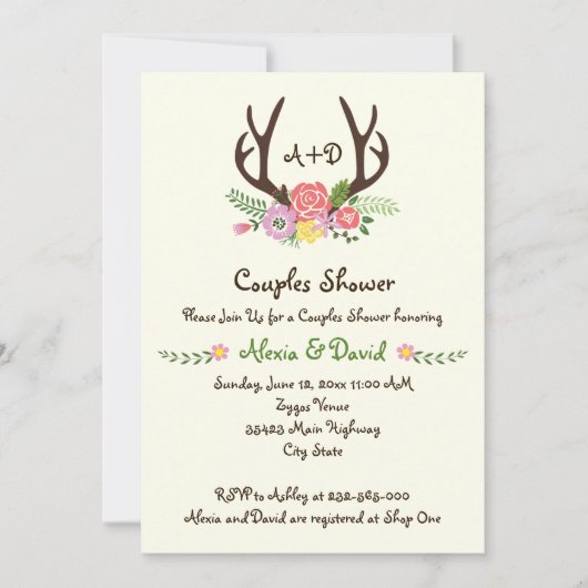 Invitation Antlers & fleurs monogramme mariage couples douche (Devant)