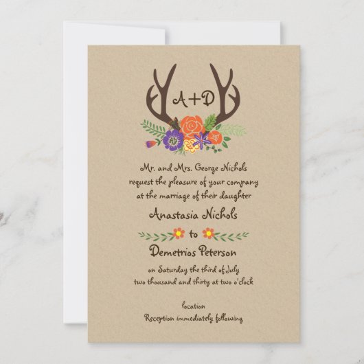 Invitation Antlers & fleurs orange monogramme mariage boisé (Devant)
