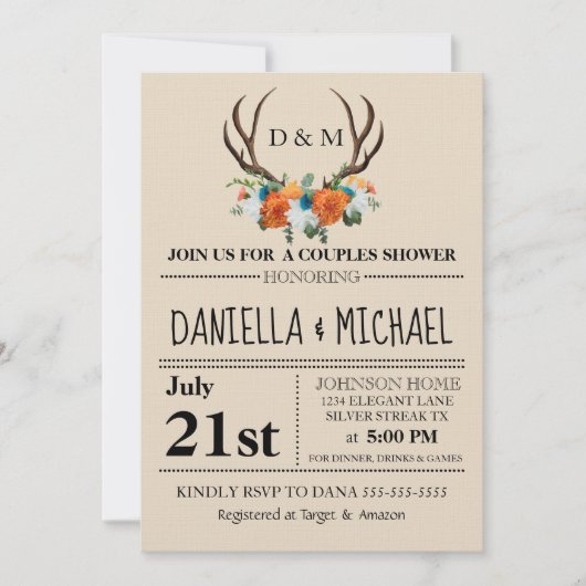 Invitation Antlers Floraux rustiques BOHO Couples Mariage de (Devant)