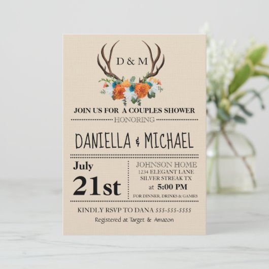 Invitation Antlers Floraux rustiques BOHO Couples Mariage de  (Debout devant)