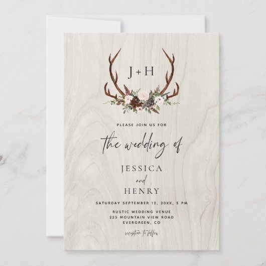 Invitation Antlers Rustic Boho Mariage (Devant)