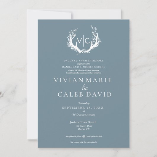 Invitation Antlers rustiques avec couronne fleurie | MARIAGE (Devant)