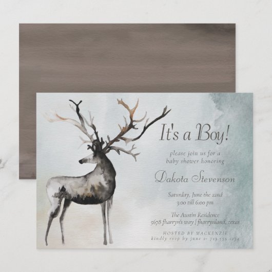 Invitation Antlers rustiques | Ethereal Woodland Baby Boy Dou (Devant / Derrière)