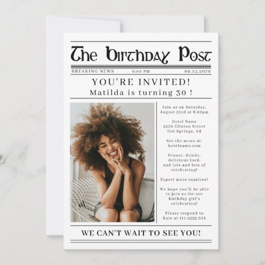 Invitation Any Age Birthday Newspaper Custom Photo (Devant)