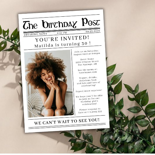 Invitation Any Age Birthday Newspaper Custom Photo