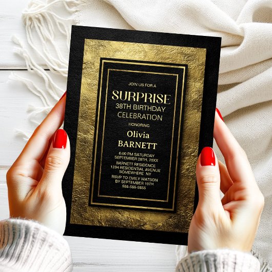Invitation Any Age Black Gold Surprise Birthday Party