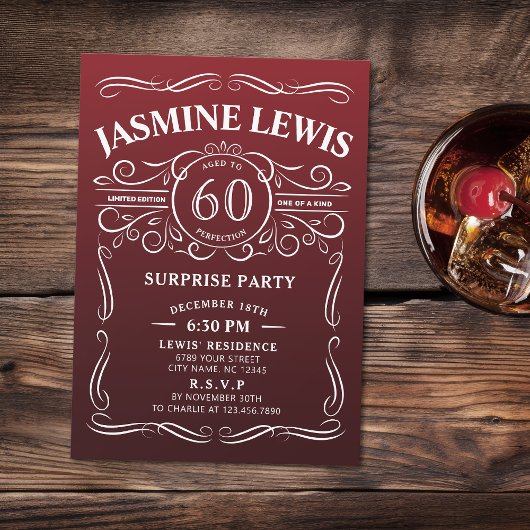 Invitation Any Age burgundy whiskey surprise 60e anniversaire