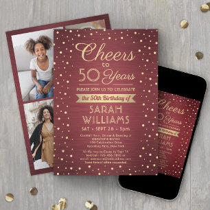 Invitation ANY Anniversaire Cheers Bordeaux Or Brossé 4 Photo