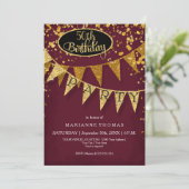 Invitation Any Birthday Burgundy Gold Pennant Banner Confetti (Debout devant)