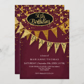 Invitation Any Birthday Burgundy Gold Pennant Banner Confetti (Devant / Derrière)