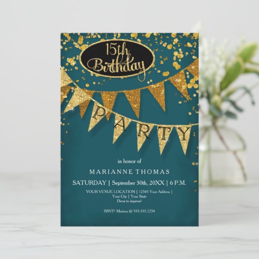 Invitation Any Birthday Peacock Blue Gold Confetti Pennant (Debout devant)