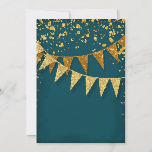 Invitation Any Birthday Peacock Blue Gold Confetti Pennant (Dos)