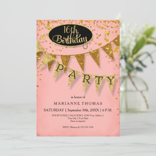 Invitation Any Birthday Pink and Gold Pennant Banner Confetti (Debout devant)