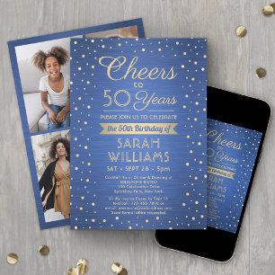 Invitation ANY Joyeux Anniversaire Acclamations Bleu et Or Br