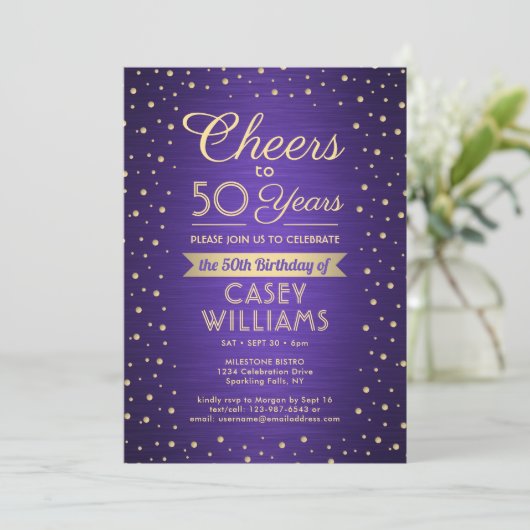 Invitation ANY Joyeux Anniversaire Brushed Violet et Or Confe (Debout devant)
