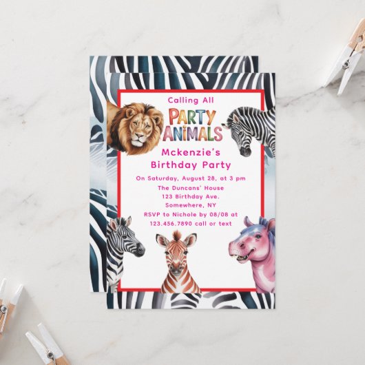 Invitation Appel à tous les animaux de fête Fête d'anniversai (Devant/Arrière en situation)