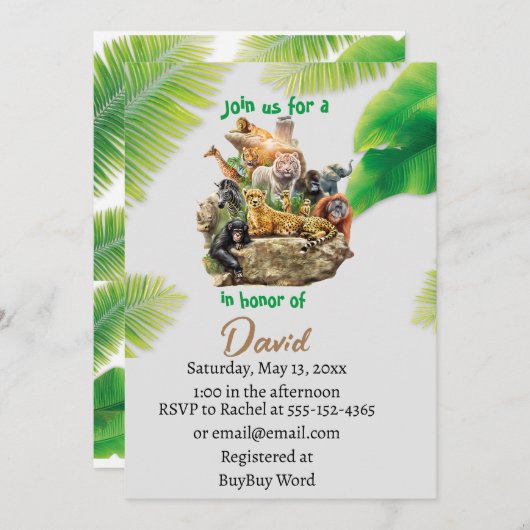 Invitation Appel à tous les animaux de fête Safari Zoo Annive (Devant / Derrière)