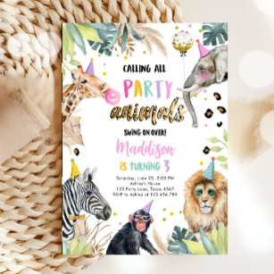 Invitation Appel à tous les animaux de fête Safari Zoo Girl A