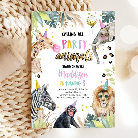 Invitation Appel à tous les animaux de fête Safari Zoo Girl A
