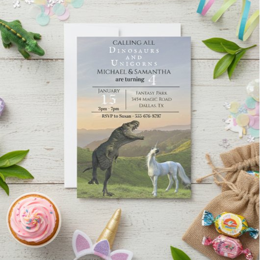 Invitation Appel à tous les Dinosaur Unicorns Twin Party Anni