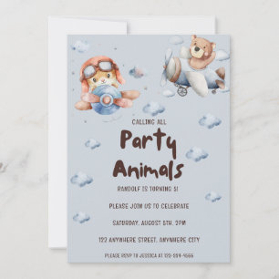 Invitation Appel à toutes les parties Animaux avion fête d'an