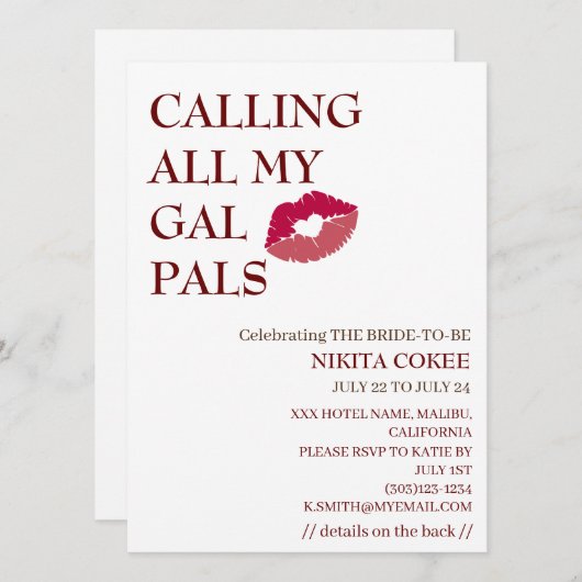 Invitation APPEL À TOUTES MES COPINES Drôle de week-end de ba (Devant / Derrière)