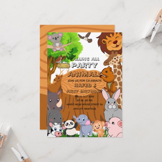 Invitation Appel éditable à tous les animaux de fête Fille de (Devant/Arrière en situation)