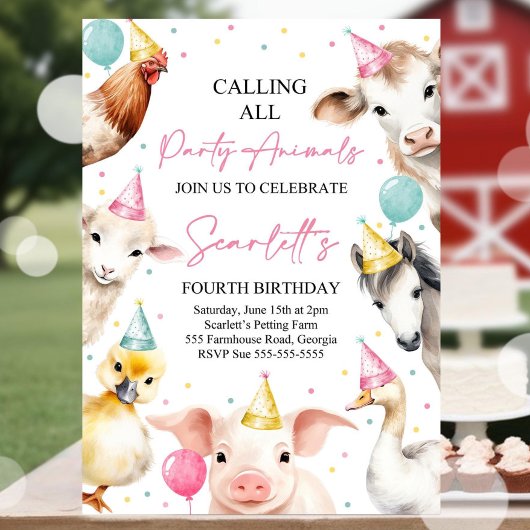 Invitation Appel éditable à tous les animaux de fête Fille de